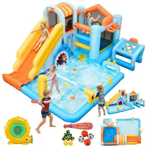 AKEYDIY Shark-Themed Inflatable Bounce House for Kids , 14 in 1 Water Slide with Long Slide, Shark Tunnel, Soccer Goal, Punching, Circle, Baseball Game, Blower Included for Indoor Outdoor Park Backyard Party Summer Fun, Birthday Gifts