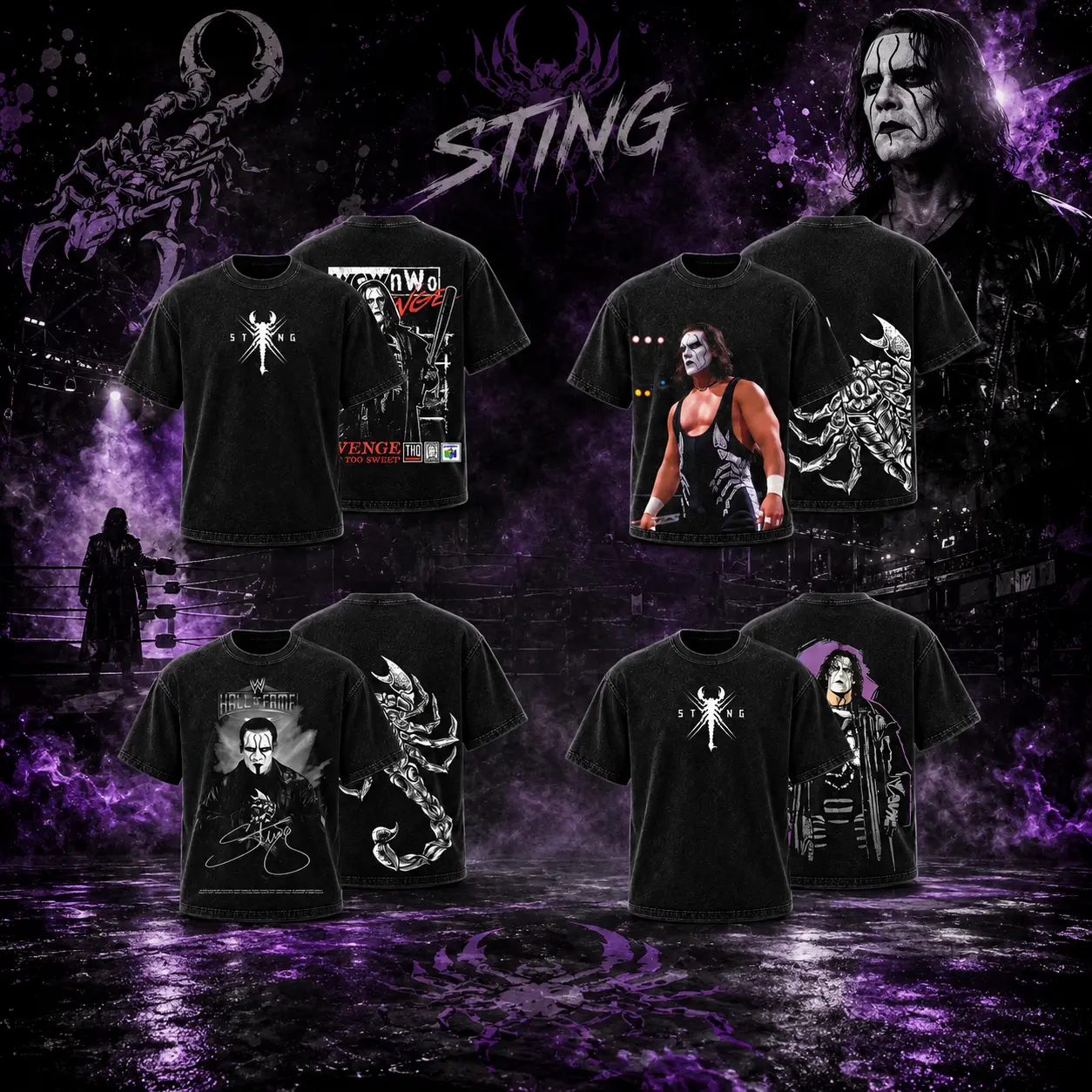 7787 Clothing Menswear Sting Revenge Wrestling Graphic Washed T-Shirt Vintage Streetwear Oversized Casual Apparel