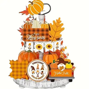 Thanksgiving Decoration Set, 12pcs/set Pumpkin & Maple Leaf Wooden Sign, Fall Harvest Party Decoration Supplies for Home & Dining Table, Ornaments