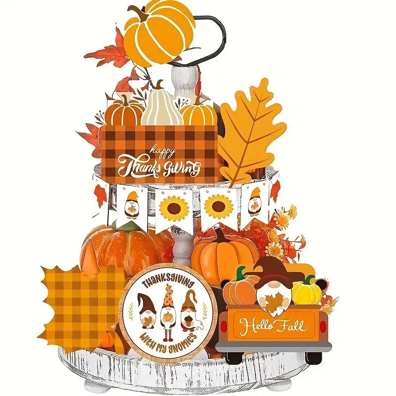 Thanksgiving Decoration Set, 12pcs/set Pumpkin & Maple Leaf Wooden Sign, Fall Harvest Party Decoration Supplies for Home & Dining Table, Ornaments