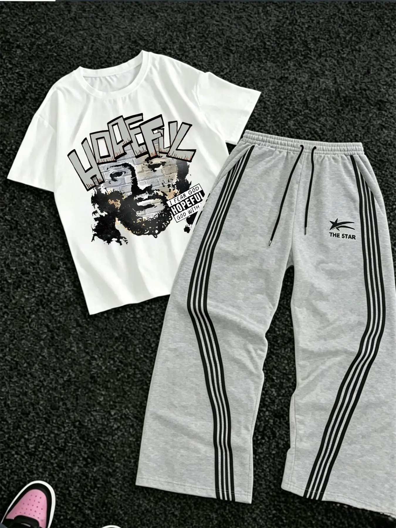 Women's "hopeful" Graphic Statement Tee & Striped Pants 2 Piece Set, Casual Streetwear, Y2K Aesthetic Matching Set, Loose-Fit, All Seasons, Womenswear