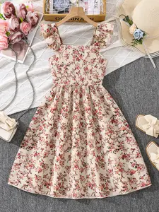 Girls Floral Print Puff Sleeve Square Neck Dress, Fashionable Sweet Cute Style for Summer, Trendy Dress for Kids