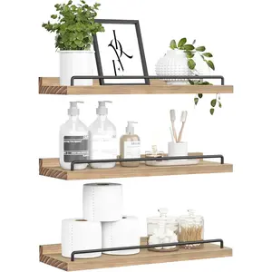 Floating Shelves for Wall, Light Brown Wood Shelves for, Living Room, Bedroom, Picture Frames, Plants, (Set of 3)