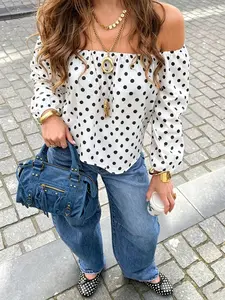 Women's Polka Dot off Shoulder Blouse Top Shirts, Woven French Vintage Loose Fit Design, Bubble Sleeve, Casual Daily Wear, Party