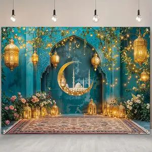 Ramadan Theme Backdrop, Cultural Patterns, 1 Count Mosque & Lantern Pattern Backdrop, Wall Hanging Decor for Home Living Room Bedroom, Room Decor, Home Decor