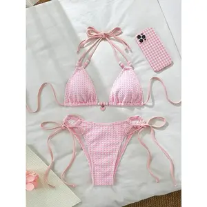 Sexy Pink Plaid Bikini Set Women's Beaded Strap Gathered Drawstring Side Thong Swimsuit 2025 Beach Swimwear