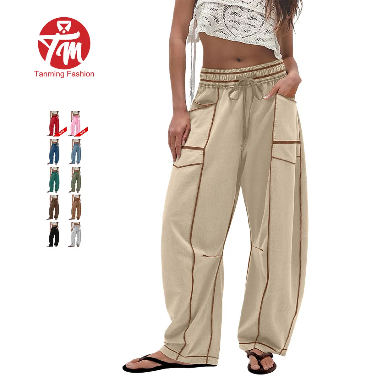 Tanming Womens Baggy Barrel Wide Leg Yoga Lounge Pants Drawstring Waist Pockets Athleisure Style Casual Sweatpants Comfortable Loose Fit Bottoms for Women Summer Casual Wear