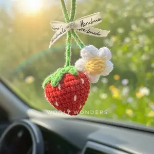 Velvet Strawberry Hanging Car Charm, Car Accessories for Women, Crochet Car Accessories, Rear Mirror Car Hangings, Gift for Her, Gift for Mom