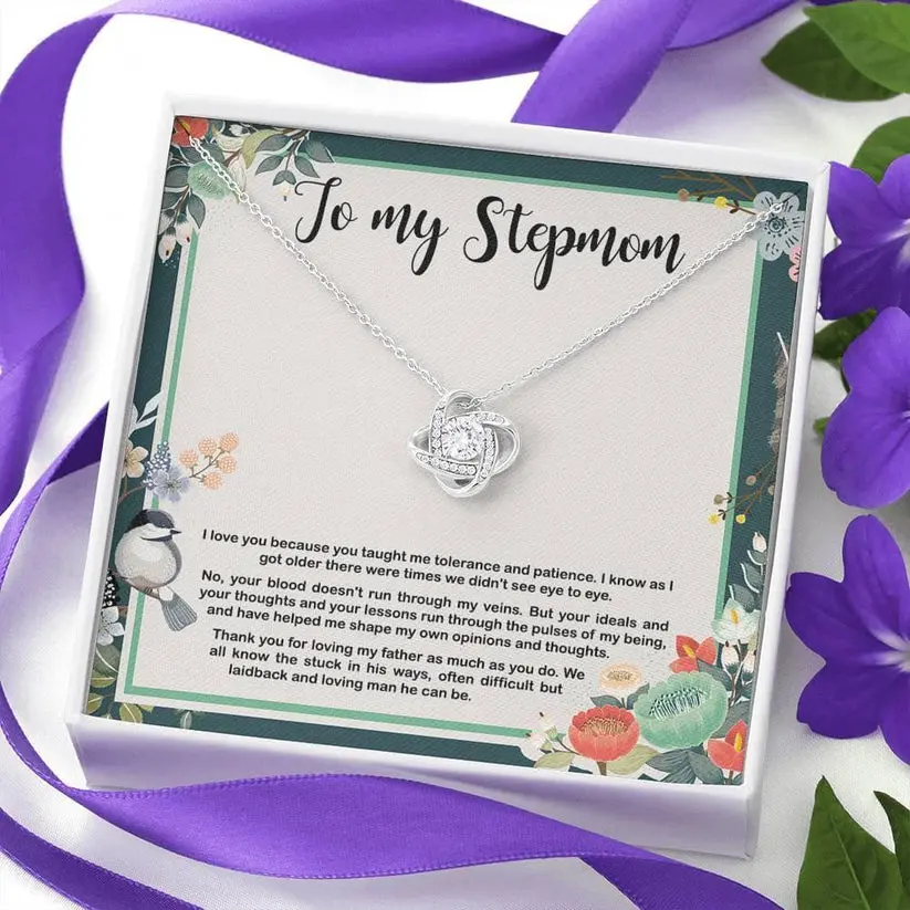 Love Knot Necklace for Stepmother, Gold-Plated 0.6" Cubic Zirconia Pendant, Sentimental Bonus Mom Gift for Mother's Day, Adjustable 18"-22" Chain