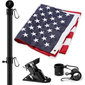 5ft Heavy Duty Tangle Free Black Steel Flag Pole Kit with Bracket, 3x5 Embroidered USA American Flag for Outdoor Garden Residential Commercial House Outside Use