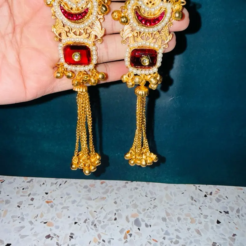 Kashmiri Earrings with Red and Gold Accents and Tassel Details