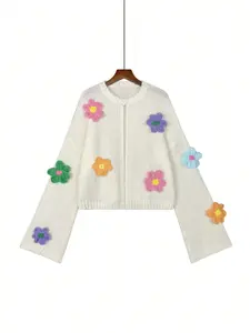Women's Fashion Casual Floral Long Sleeve Round Neck Open Front Sweater, Soft Comfortable Fabric, Ideal for Vacation, Parties, Spring/summer