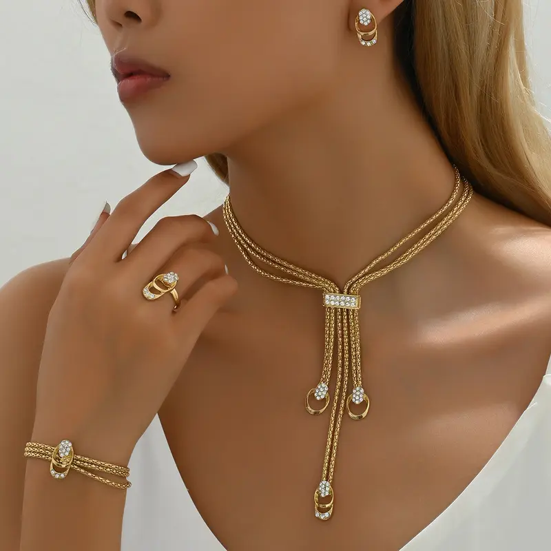 Women's Gold-Plated Durable Metal Gold Jewelry Set - 4-Piece Accessory Set with Necklace, Dangle Earrings, Bracelet, Pendant, Casual Outfits Women Jewellery Gift for Fashion Occasions