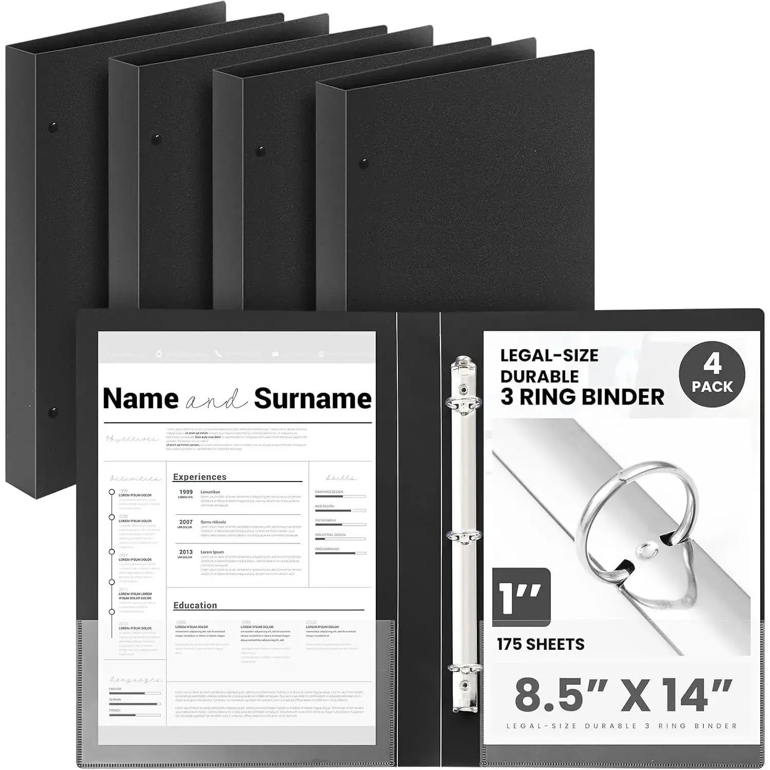 4-Pack 1-Inch Round Ring Polypropylene Binders, Legal Size (8.5x14 in) High-Capacity Durable Binders, Holds 175 Sheets for Office Use, Blueprints