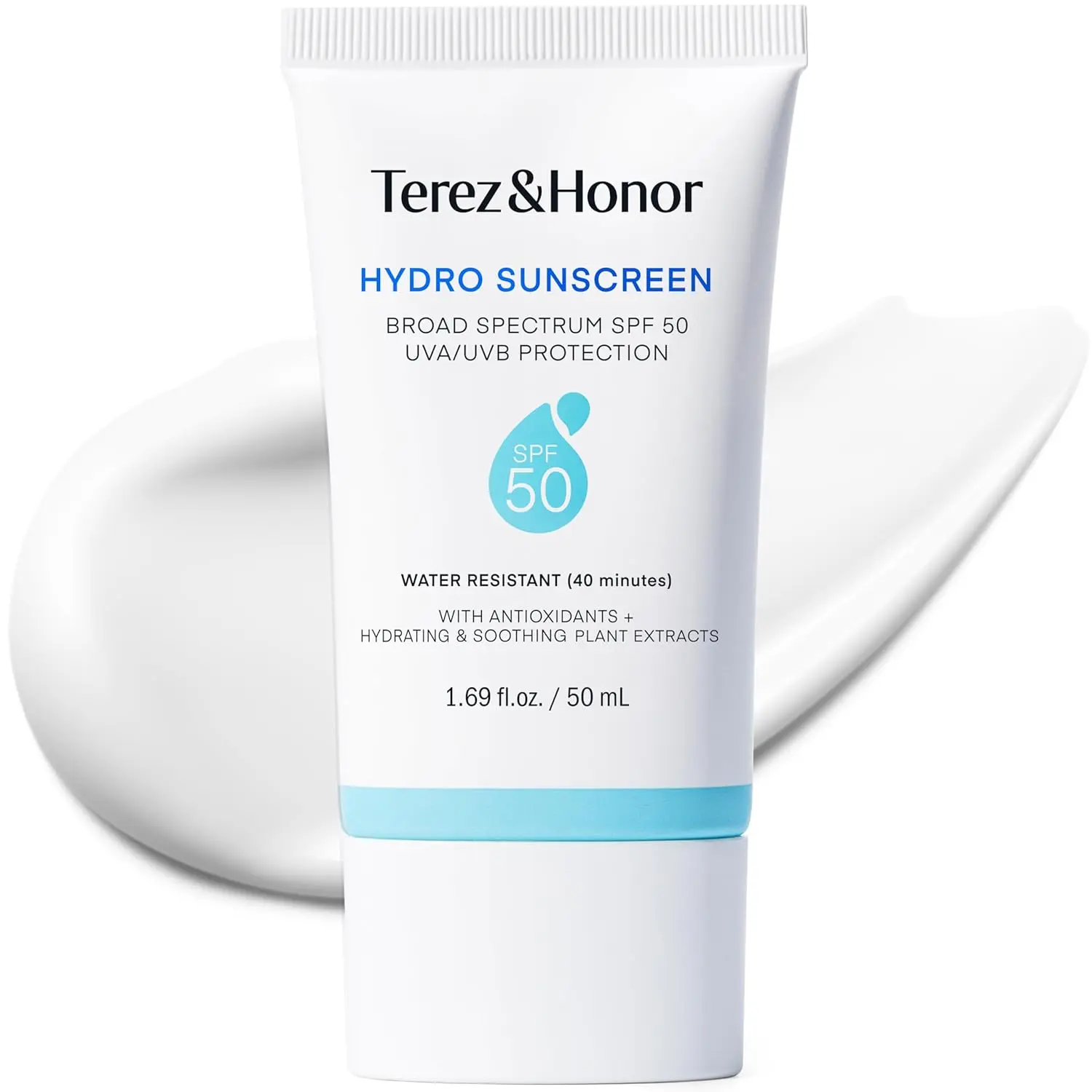 TEREZ & HONOR Hydro Sunscreen SPF 50, Hydrating Broad Spectrum Cream with UVA/UVB Protection, No-White Cast & Non-Greasy Formula for All Skin Types - 1.69 oz, Moisturizing