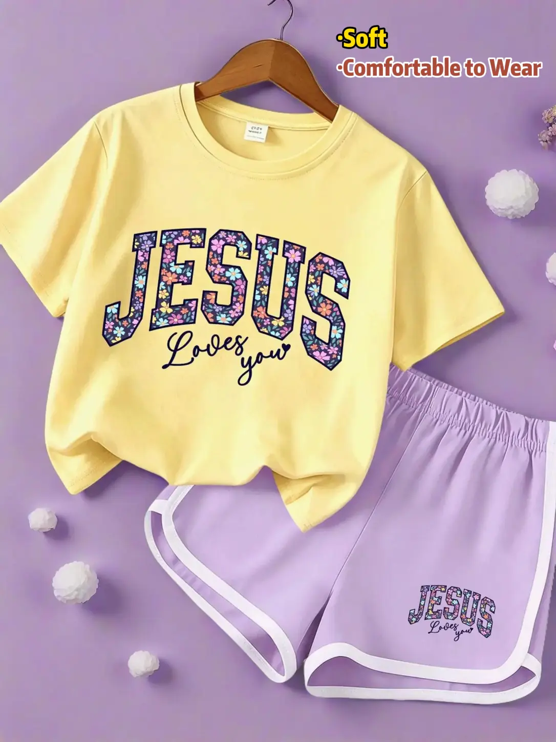 Girls' 2-Piece Summer Kids fashion Clothing Girls Set, Crew Neck Jesus Loves You Graphic Polyester Blend T-Shirt with Slight Stretch & Floral Print Shorts, Casual Outfit wear