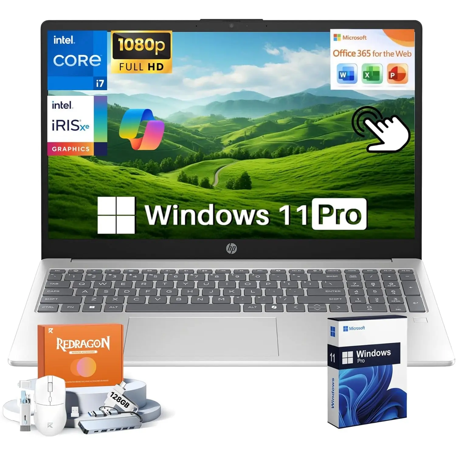 HP 15.6 Laptop Touchscreen Business, Free Office 365 for The Web, Intel 10-Core i7-1355U, 16GB DDR4, 512GB SSD, 15.6" FHD Display, Iris Xe Graphics, Fast Charge, Windows 11 Pro, Accessories