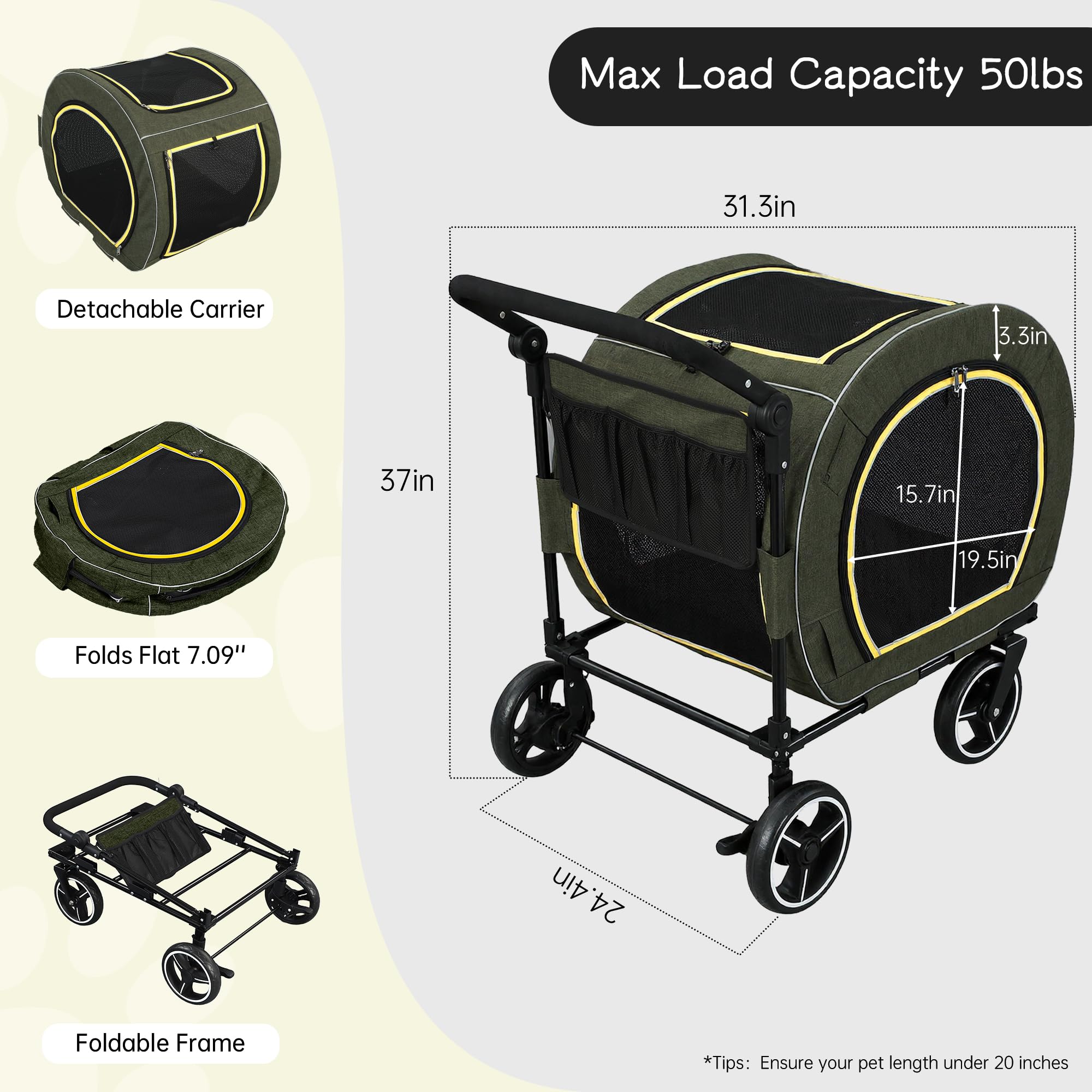 Large Dog Stroller Red Foldable Design with Adjustable Handle for 2 Dogs Up to 160 lbs Pet Wagon Carriage with Pocket