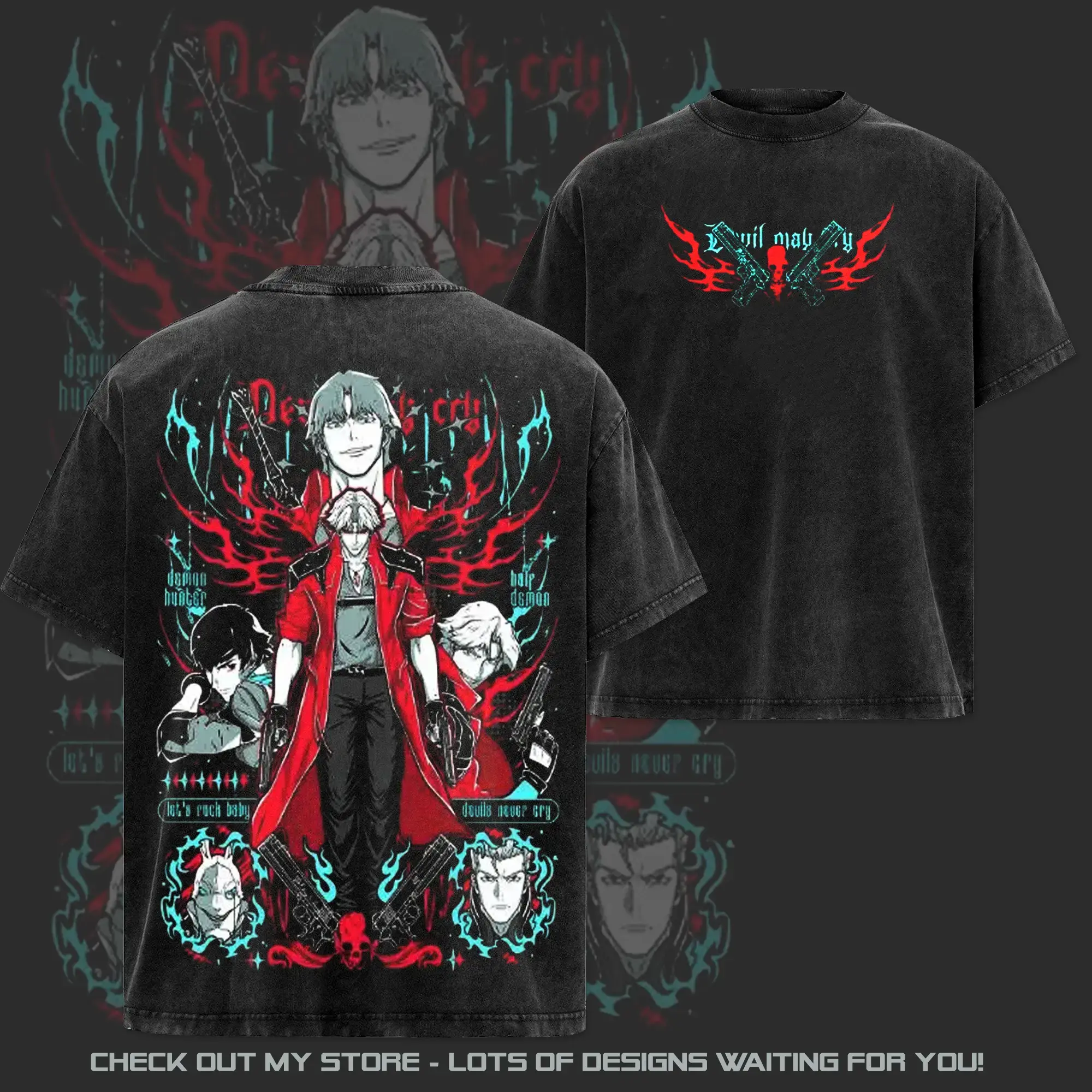 Oversized T-Shirt with Devil May Cry Dante Graphic, Men's Relaxed-Fit Acid-Washed Streetwear Tee, Soft Heavyweight Cotton Round Neck