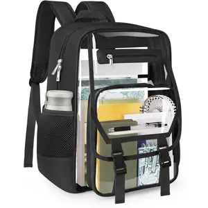 Clear Backpack Heavy Duty, Fabric & PVC Transparent Bookbag, See Through Backpacks with Reinforced Strap for Women Men, Large Capacity Clear Backpack for College, Travel, , Black