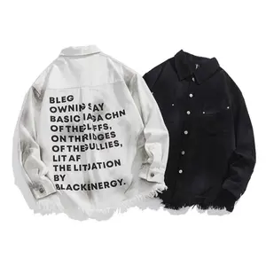 Men's Streetwear Vintage Washed Frayed Hem Denim Jacket, Back Letter Print Loose Couple Outerwear, Soft Denim Fabric + Vintage Wash + Back Letter Print + Frayed Hem Design, Perfect for Everyday Wear / Trendy Hangouts, Available in Black & White, Multiple
