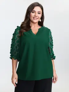 BloomChic Plus Size Polyester Blouse for Women, Timeless Top with a Notched Collar and Sheer Textured Lantern Sleeves