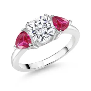 925 Sterling Silver Gemstone Birthstone and Created Ruby 3-Stone Engagement Ring for Women | 7MM Cushion and 5MM Trillion | Three Stone Promise Anniversary Wedding Ring | Sizes 5-9
