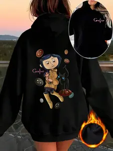Women's Coraline Movie Graphic Letter Print Hoodie, Retro Long Sleeve Fitted Casual Sweatshirt, graphic sweatshirts, Fall & Winter Warm Women's Clothing, Womenswear