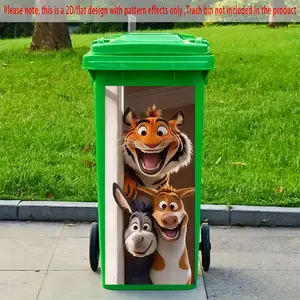 PC Modern 2D Three Cartoon Animal Friends Decorative Pattern Decorative Trash Can Sticker, made of PVC material, durable and easy to install, suitable for home decoration, outdoor trash cans, living room, bathroom, kitchen, carpet, living room wallpaper,