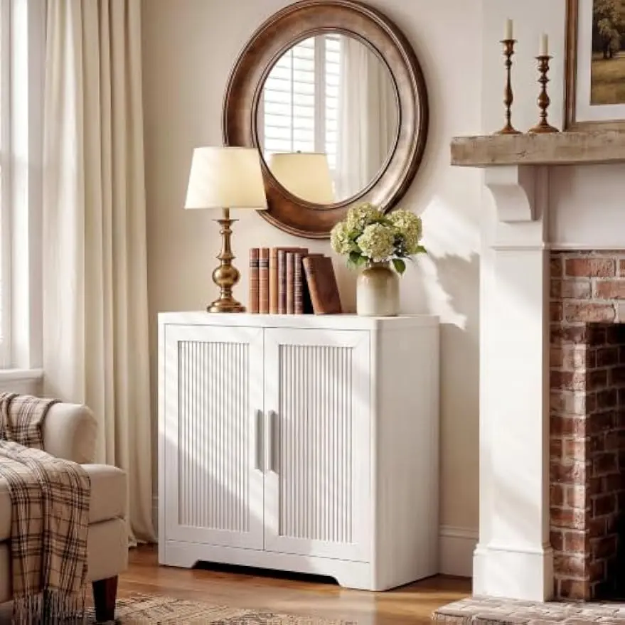 ModernMate 31" Sideboard Buffet Cabinet, Reeded Credenza, Whitewashed Oak | Modern Accent Storage Cabinet with Arched Rounded Corner, 2-Door Fluted Sideboard for Living Room, Entryway, Dining Room