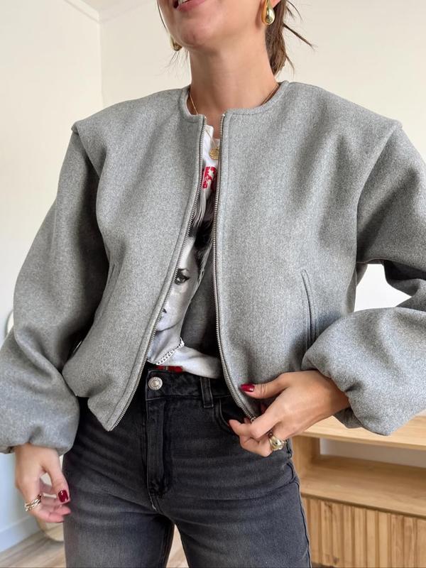 Women's New Oversized Bubble Sleeve Jacket, Zipper Bomber Jacket, Soft Casual Streetwear, Fashion Pilot Jacket, Spring & Fall Outerwear