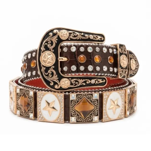 Men's Western Leather Belt - Brown Cowboy Waist Belt with Star Motif Studs, High-Quality Buckle, Fashion Accessory for Jeans