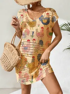 Women's Elegant Colorblock Cartoon Chicken Floral Leopard Print Knit Dress, Casual Round Neck Short Sleeve, All Seasons Fashion