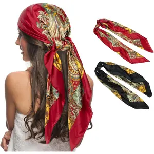 35 Inch Satin Face Ding Print Large Square Scarf 2-piece Women Simulated Silk Scarf Beauty & Personal Care