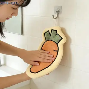 Hangable Coral Fleece Hand Towel - Hot Vegetables Design (Carrot, Tomato), Quick-Dry, Absorbent, Durable Wipe for Kitchen, Bathroom, Wall-Mounted Clean Cloth