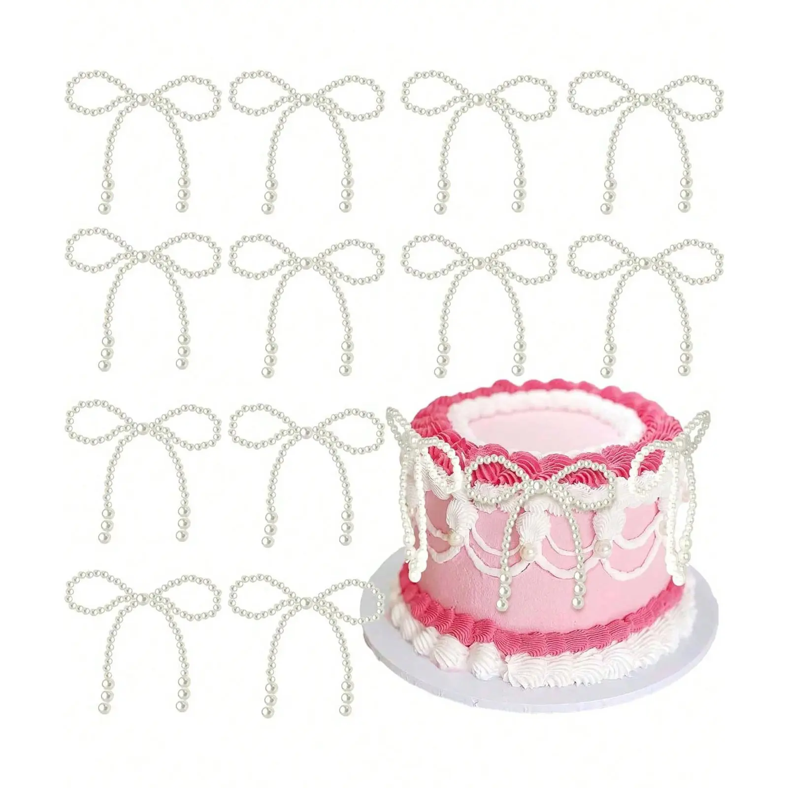 12-Piece Pearl Bow Cake Decoration Set, Perfect for Butterfly Theme Birthday Parties, Weddings & Baby Showers, Elegant Cake Accessories