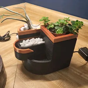 Modern Calm Stream Water Fountain with two small planters and rock gardens.  Quiet Water Pump. Perfect for home or office.