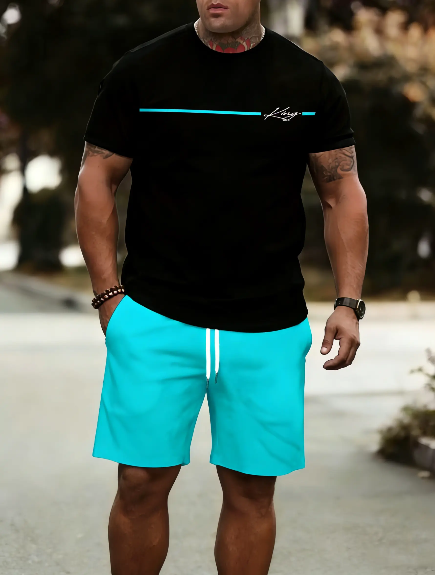 1 set of men's new casual crew neck T-shirt suit, featuring stylish stripes and letter patterns, slightly stretchy polyester knit fabric, regular style, with shorts, suitable for summer outdoor activities and family gatherings