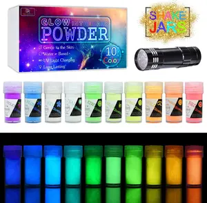 10 Color Glow In The Dark Pigment Powder with UV Lamp Luminous Powder for DIY Nail Art Acrylic Paint Slime Kit Epoxy Resin Skin Safe Long Lasting 0.7oz Each Total 7oz