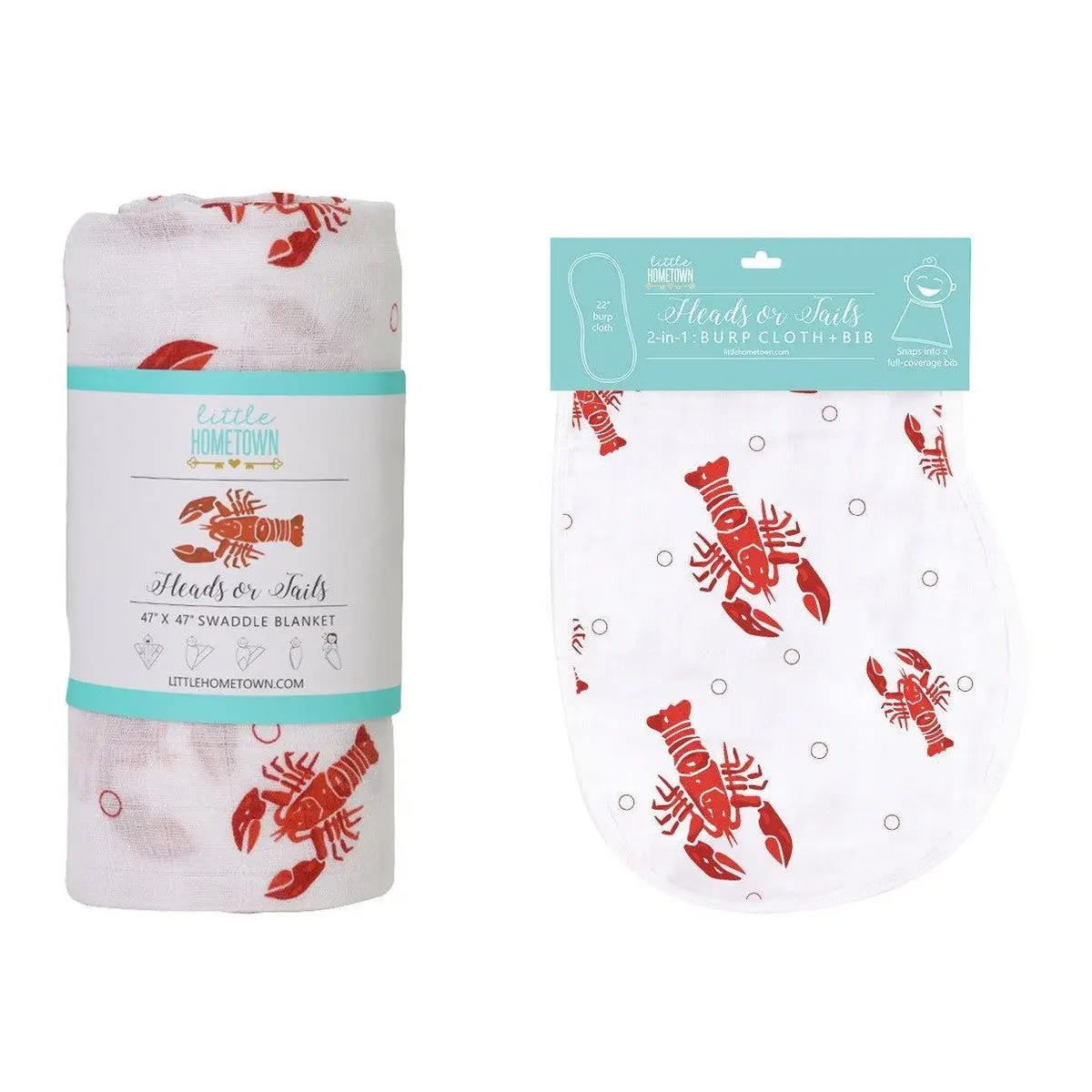 Heads or Tails Crawfish Baby Muslin Swaddle Blanket & 2-in-1 Burp Cloth Bib Gift Set | Extra Large 47"x47" Bamboo Cotton | Soft Breathable Newborn Receiving Blanket | Baby Shower Gift & Newborn Essentials