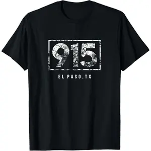 Men's Round Neck Short Sleeve Pure Cotton Distressed Graphic T-Shirt - El Paso Texas TX 915 Area Code, Natural, Casual, Fitness Top, Gift for Men