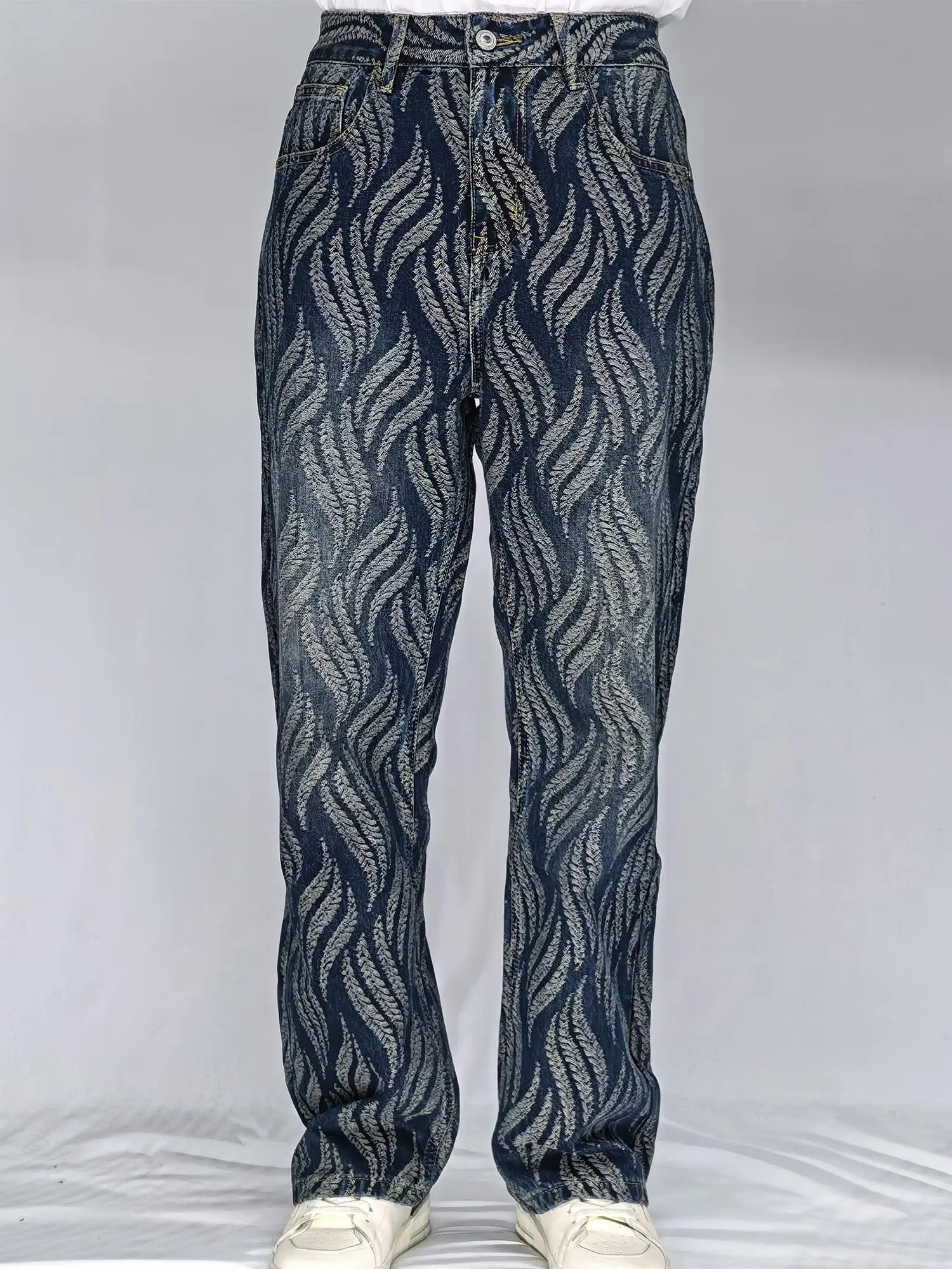 Women's High Waist Lux Lee Baggy Cotton Dad Jeans - Retro Feather Embroidery Print, Layered Flowing Waves on Deep Indigo Denim, Casual Loose-Fitting Pants, Edgy Streetwear Bottom Clothes, Baggy Jeans