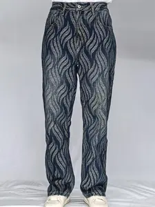 Lux Lee Standout Niche Trend Baggy Dad Jeans - Retro Feather Print, Layered Flowing Waves On Deep Indigo Denim, Strong Street Recognition For Non-Monotonic Edgy Looks, Catching Print Jeans, Embroidered