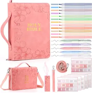 Bible Cover Case for Women PU Leather Book Bag with Journaling Kit Pen Highlighters and Tabs Mothers Day Christian Gifts