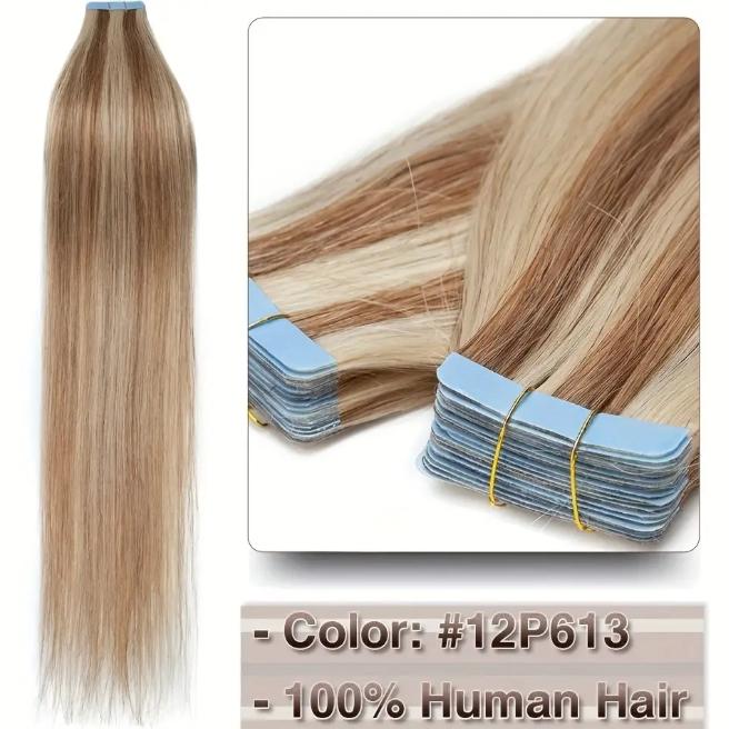 20Pcs 30g Seamless Tape-In Human Hair Extensions, Straight Skin Weft Remy Hair, Invisible & Natural Look, 12-28 Inch Lengths for Women