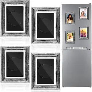 4 Pcs Refrigerator Magnetic Vintage Frame 3.66 x 2.95 Inch Small Vintage Refrigerator Magnets Picture Frames Mini Antique Ornate Photo Frame Insert for Photos Painting Stuck on Fridge(Silver)