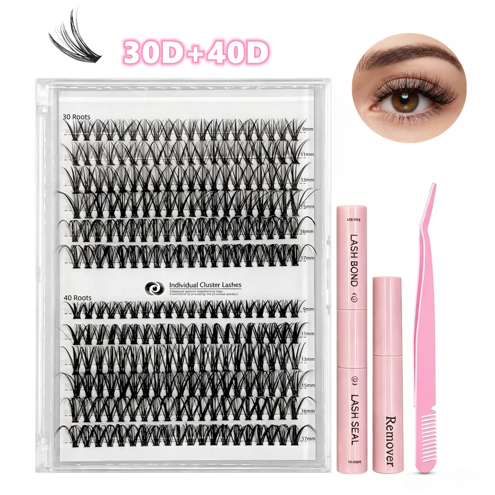 240 Clusters Total 30D & 40D Individual Lash Cluster Kit, Mixed 9-17mm Length DIY Eyelash Extensions, Full Kit Including Lash Bond, Seal, Remover and Tweezers, Thin Soft Band Cluster Lashes for Home Daily Eye Makeup