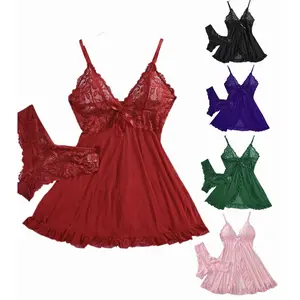 Lace Nightgown Set is very Obsession-Worthy– Deep V Neck + Romantic Lace + Multiple Bold Hues (Red/Purple/Green/Pink/Blue/Wine red),Feminine Sleepwear,Transparent Soft Nightgown