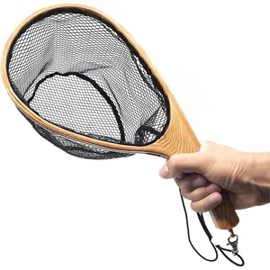Wooden Frame Fly Fishing Landing Net With Soft Rubber Mesh for Trout Bass Catch and Release - Fishing Gear
