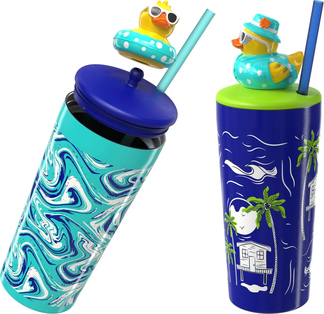 COOL GEAR Pop Topper 2-Pack Stainless Steel Tumbler Water Bottles Flasks - 16 oz & 20 oz, Sturdy, Portable, Interchangeable Character Topper, Straw, BPA-Free Reusable Insulated Cup, Leak-Resistant Lid